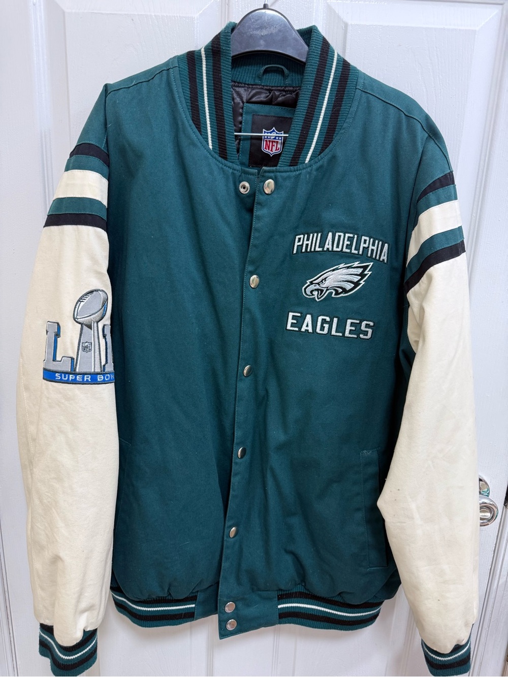 Philadelphia Eagles Super Bowl Full-Snap Midnight Green Varsity Jacket, Size XL - Picture 3 of 9